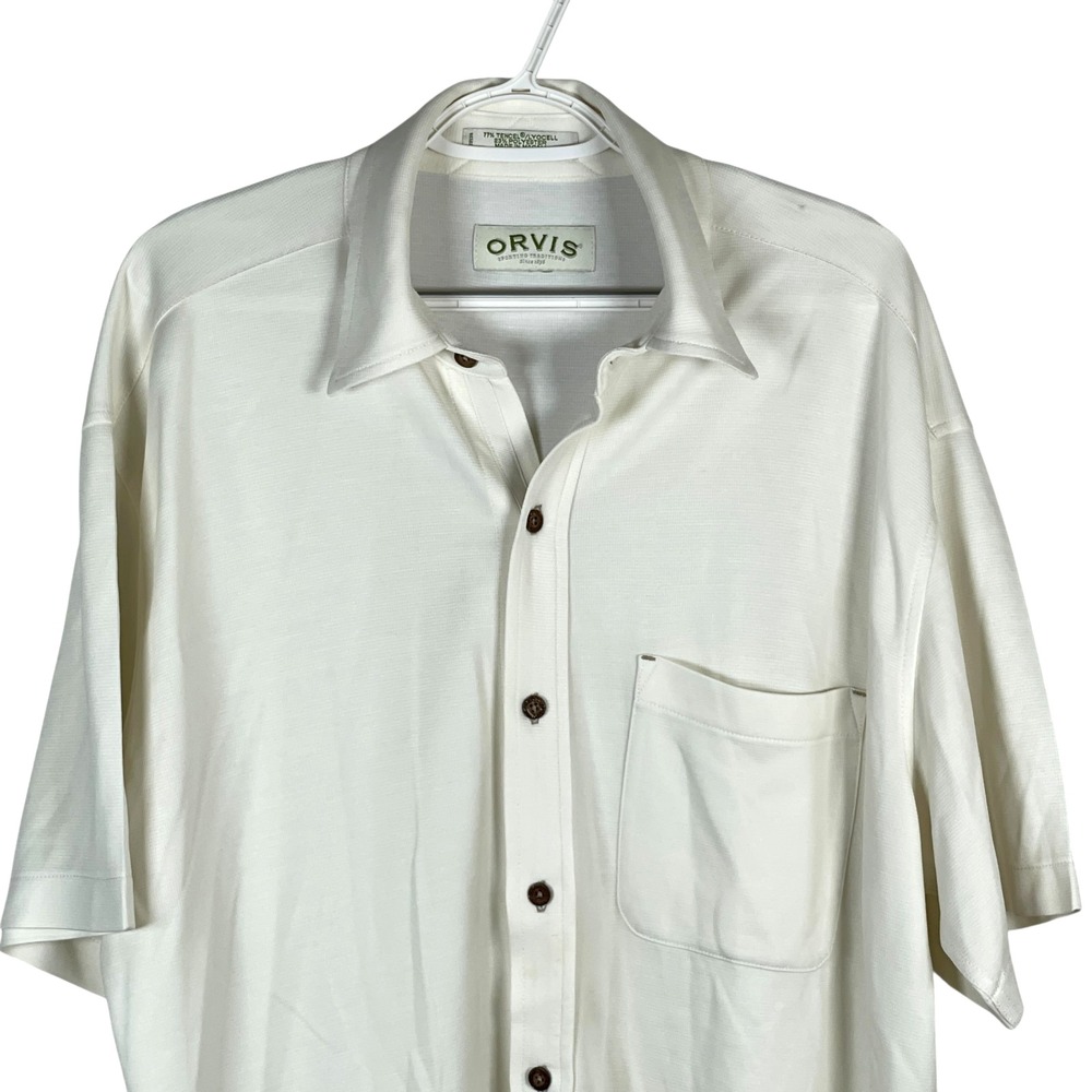 Orvis Button Up Shirt Mens L Ivory Short Sleeve Knit Stretch Tencel Pocket